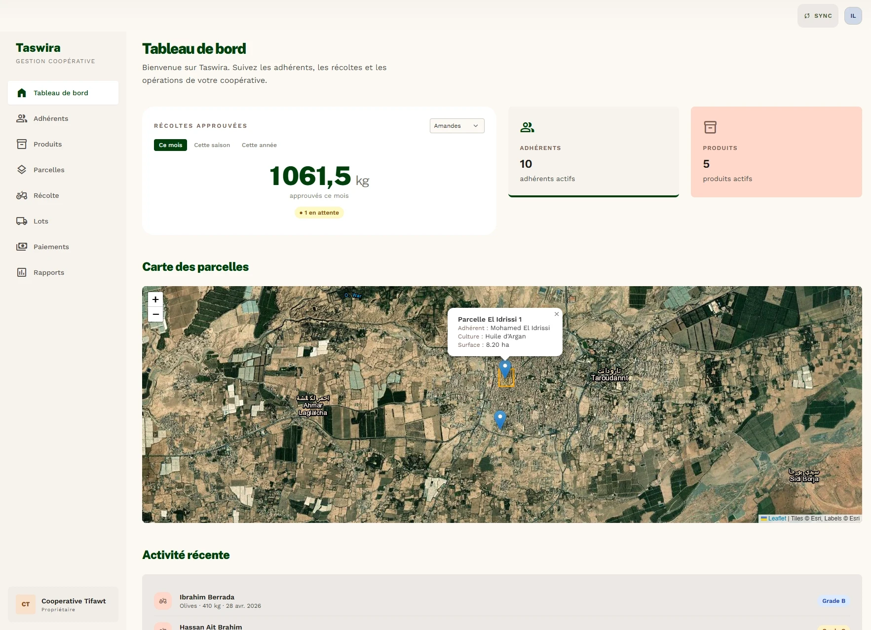 Tableau de bord Taswira — suivi des récoltes et carte des parcelles